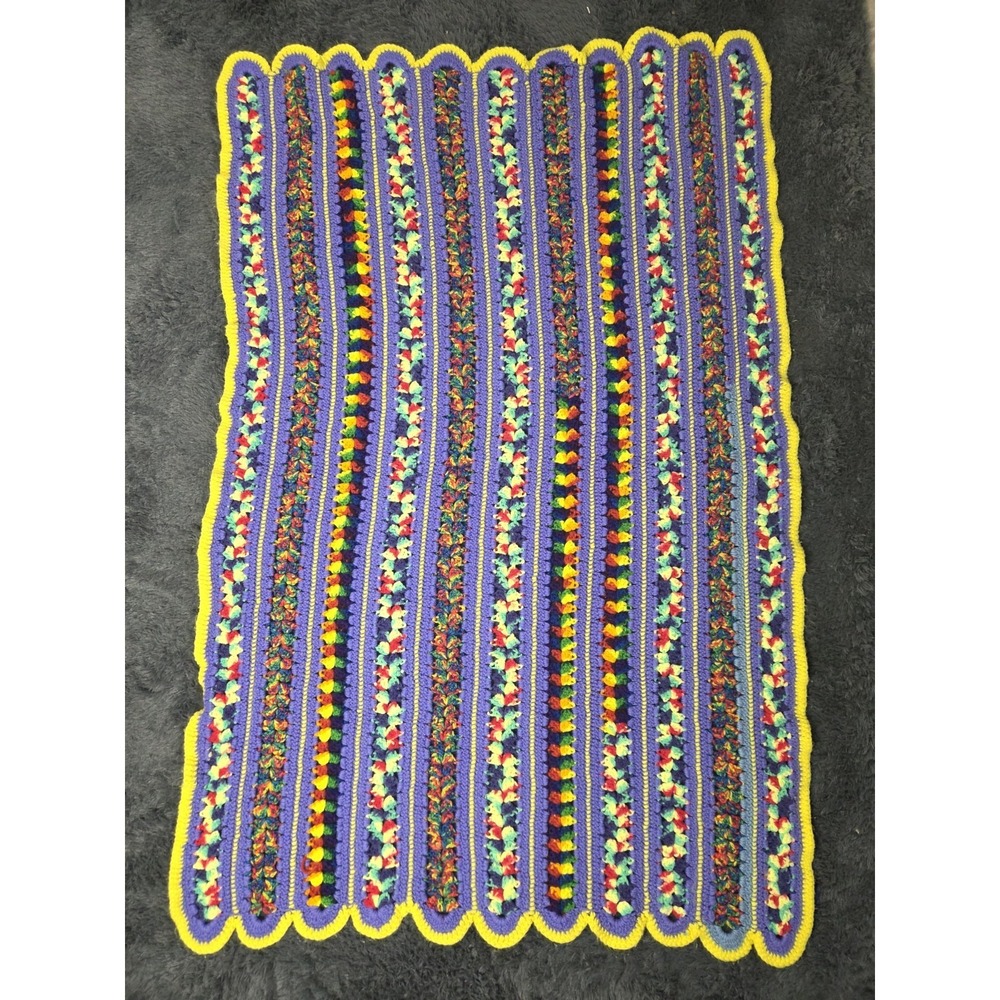 Retro Rainbow Scalloped Hand Crocheted Afghan Blanket Throw 55x36.5 Inches
